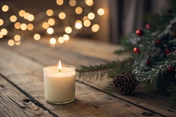 Single candle with soft flame on rustic wood table bokeh Christmas lights behind