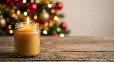 Single candle with soft flame on rustic wood table bokeh Christmas lights behind