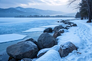 Snow covered stones along the edge of a frozen lake
