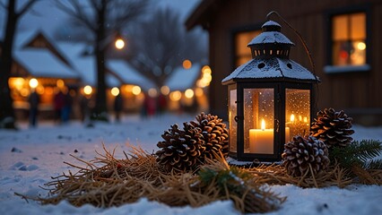 Snow dusted pinecones with lantern berries on a hay bale before Christmas market