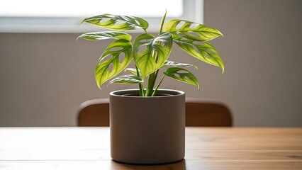 Rare Monstera Obliqua Peru on wooden table with soft translucent morning light, plant photography for premium botanical collectors and minimalist interior branding