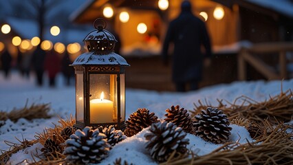 Snow dusted pinecones with lantern berries on a hay bale before Christmas market