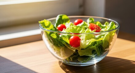 Fresh salad bowl with lettuce and cherry tomatoes in sunlight