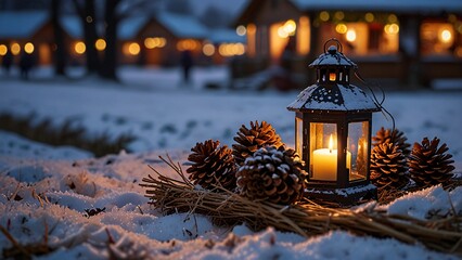 Snow dusted pinecones with lantern berries on a hay bale before Christmas market