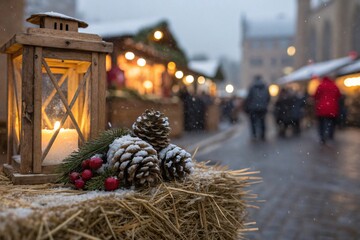 Snow dusted pinecones with lantern berries on a hay bale before Christmas market