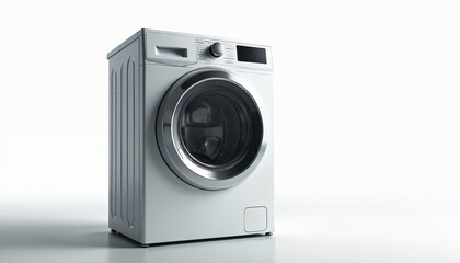 Sleek modern white front loading washing machine isolated on clean bright studio background. Efficient household appliance washes clothes, handles daily laundry tasks. Essential domestic utility with