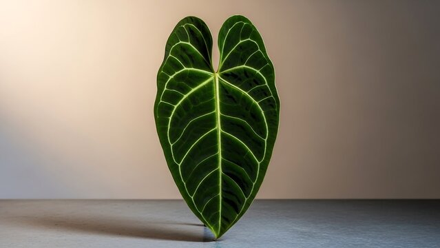 Anthurium Warocqueanum Queen leaf upright on stone slab with soft top daylight, botanical studio photography for premium plant collectors and modern interior branding