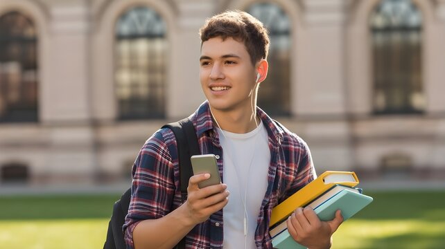 Closeup photo portrait of cheerful positive delightful nice handsome glad millennial choosing song on his mp3 player