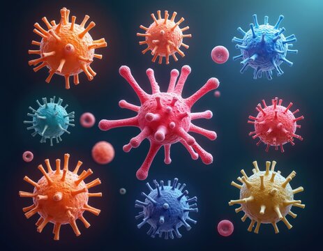 Group of colorful virus particles float in dark space. Microscopic view shows spherical cells with spike protein projections. Pathogens appear as diverse shapes and sizes creating medical theme. - Powered by Adobe