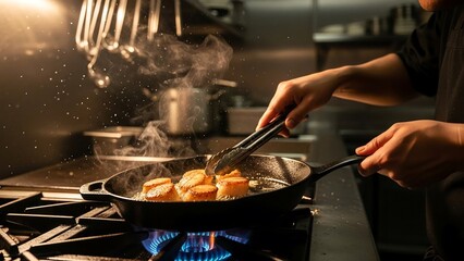 Chef searing scallops in cast-iron pan, dramatic directional lighting for cinematic premium restaurant cooking