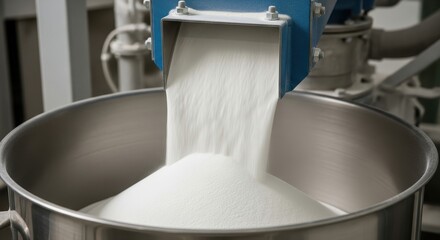 Industrial Sugar Pouring from Machine into Metal Bowl