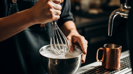 Male barista whipping dalgona espresso foam, dramatic directional lighting for cinematic specialty coffee imagery