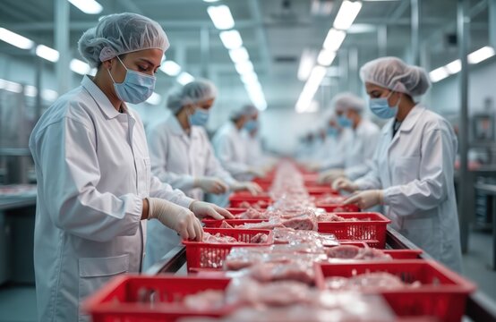 Workers in masks and lab coats pack raw meat on conveyor belt in food factory. Women handle chicken or pork pieces into red crates, ensuring quality and hygiene during industrial production process.