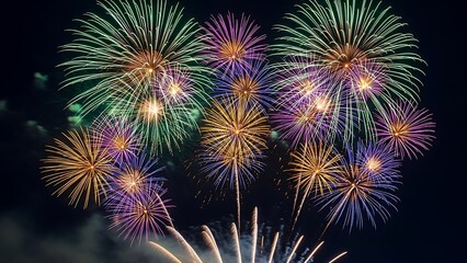 High-quality long-exposure photograph capturing the brilliant trails of colorful fireworks against a deep black sky.