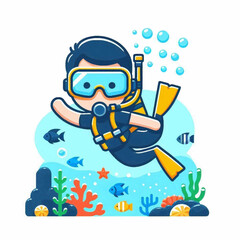 A cartoon diver with yellow flippers swims amid colorful coral and fish Bubbles rise above him
