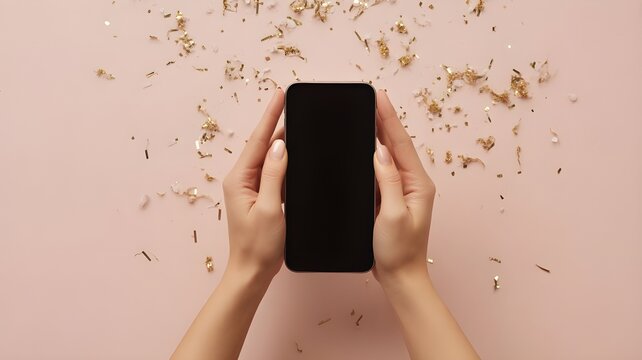Pov top above overhead close up view photo of female hands holding using smart digital device with touch screen for mockup