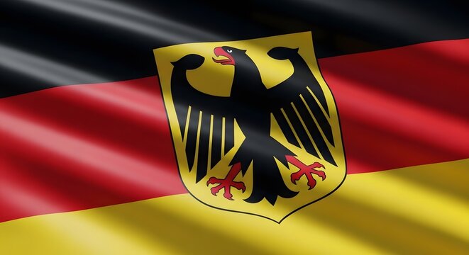 German National Symbol: A close-up view of the German flag rippling gently in the breeze, with the iconic German Eagle emblem proudly displayed. Evoking a sense of national pride and heritage.