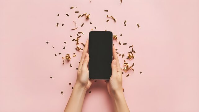 Pov top above overhead close up view photo of female hands holding using smart digital device with touch screen for mockup