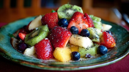 Vibrant fruit salad with berries and tropical fruits in a cozy cafe