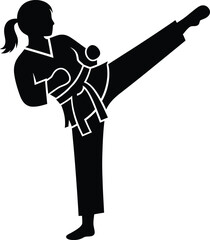 Woman practicing karate kick martial arts self defense black silhouette eps