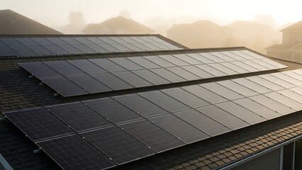 Suburban home rooftop with solar panels in warm early-morning sunlight, soft fog and long shadows, atmospheric energy photography for optimistic eco-living visuals