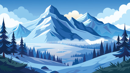 Christmas winter landscape background with snow falling and pine forest illustration