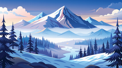 Christmas winter landscape background with snow falling and pine forest illustration