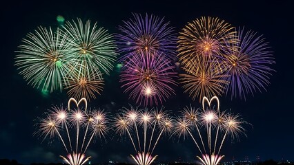 The dark night sky filled with the beauty of an organized firework show, featuring love and celebration motifs