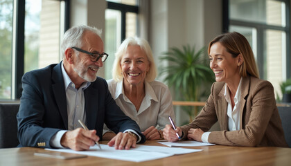 Happy senior couple meets financial agent, signs important documents. Smile, agree to contract at office table. Old man, woman plan future, discuss terms. Business consultant explains details to