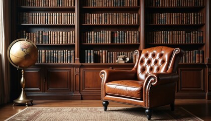 Vintage room with leather armchair. Bookshelves full of books. Globe is near library cabinet. Study interior at home. Antique workspace for education, reading. Cosy place for relax in classic style.