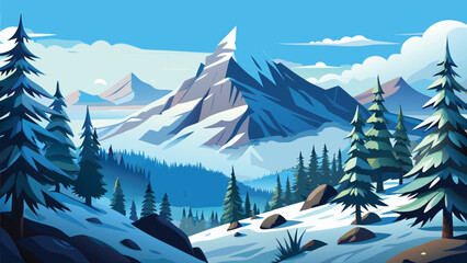 Christmas winter landscape background with snow falling and pine forest illustration