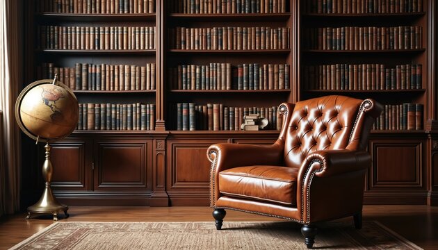 Vintage room with leather armchair. Bookshelves full of books. Globe is near library cabinet. Study interior at home. Antique workspace for education, reading. Cosy place for relax in classic style. - Powered by Adobe