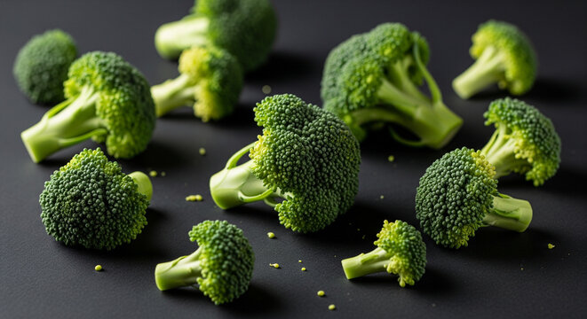 Vibrant green broccoli florets arranged for healthy eating concepts and fresh food advertisements, nutrition focus