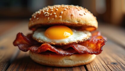 British bacon butty on soft bun with fried egg and crispy bacon. Classic breakfast sandwich with savory filling. Great for brunch or morning meal.
