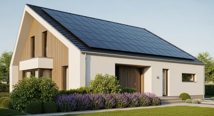 Modern House with Solar Panels Generating Renewable Energy