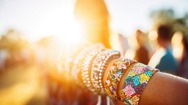 Colorful bracelets shine in the sunlight at an outdoor festival