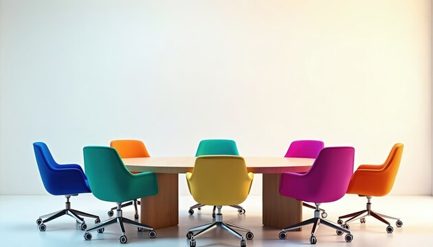 Bright modern office interior features large round wooden table. Seven distinct colorful chairs on wheels invitingly arranged around table. Vibrant workspace design promotes creative group - Powered by Adobe