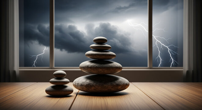 Zen Amidst the Storm: Stacked stones in perfect balance stand steadfast against the tempestuous backdrop of a raging thunderstorm, symbolizing inner peace and resilience in the face of adversity.