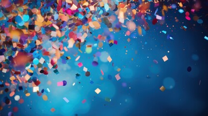 Colorful confetti falling against a vibrant blue background at a celebration