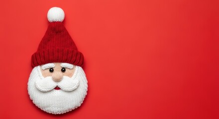 Christmas banner with knitted Santa's head in hat with pompom, red background with copy space. New Year poster for crafts, knitting materials, trendy textured image for knitting and sewing supply shop