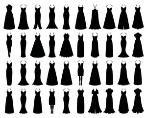 Collection of diverse black evening gown silhouettes on a white background