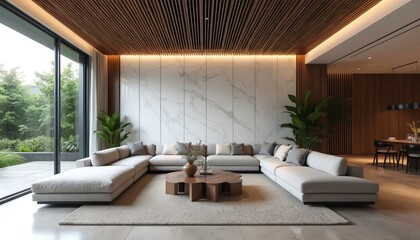 Spacious modern living room features large sectional sofa and marble accent wall. Warm wood ceiling beams contrast with minimalist furniture and lush green garden view through glass doors.