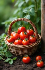 Ripe red plum tomatoes fill woven basket on dark soil. Green leaves and wooden post provide natural garden backdrop. Freshness and harvest theme is evident.