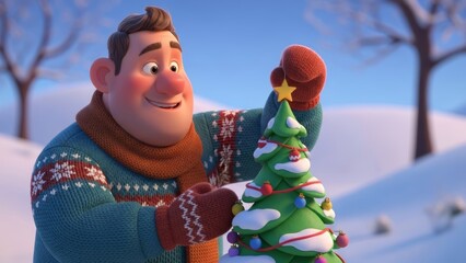 Charming animated character decorating a small Christmas tree outdoors in