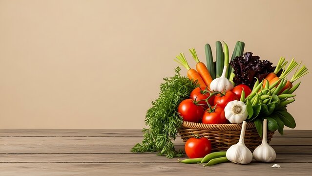 Variety of fresh farm vegetables in wicker basket on rustic table