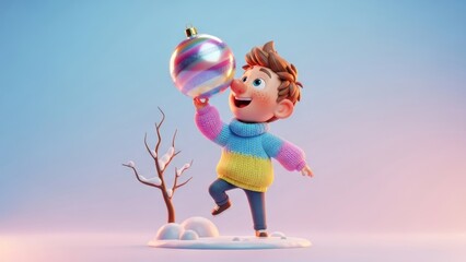 Whimsical animated child joyfully playing with colorful ornament in winter