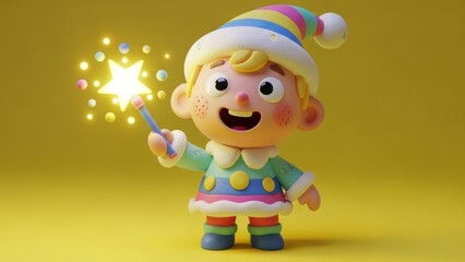 Delightful cartoon elf character holding a magical glowing wand vibrant and