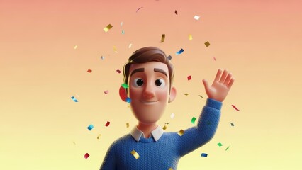cheerful animated male character celebrating with colorful confetti in a