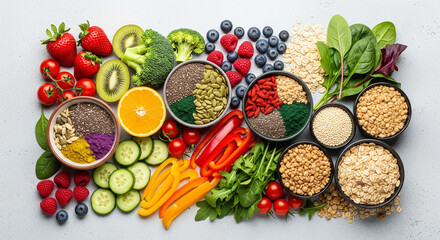 Vibrant superfoods arranged with fresh fruits and vegetables for healthy eating lifestyle concept
