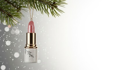 Pink lipstick as cermaic or porcelain christmas tree ornament on branch. Light background with copy space. Holiday banner for cosmetic shop, make-up artists. Christmas in beauty industry and fashion